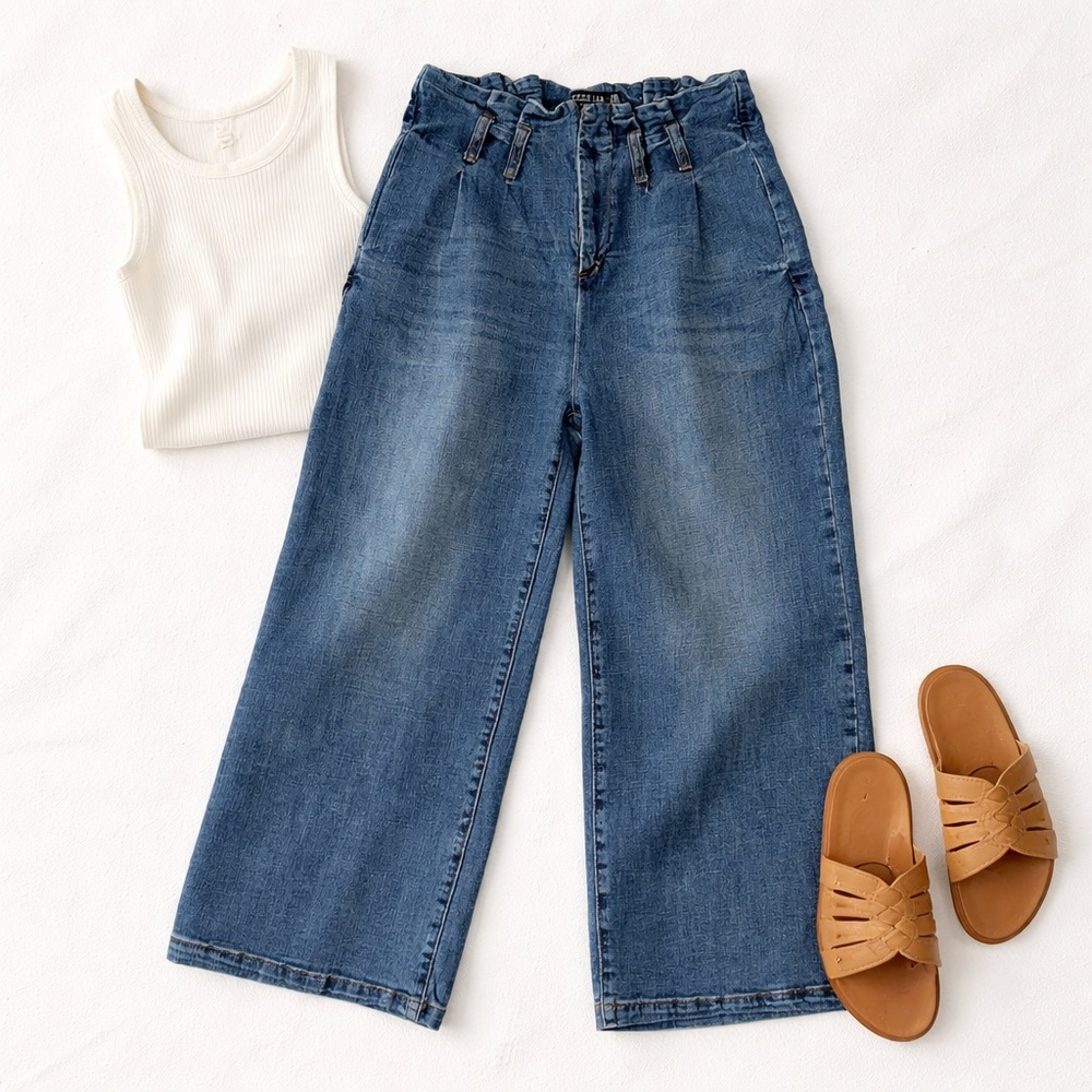 Design Lab Paperbag Waist Wide Leg Cropped Jeans 100% Cotton Size 28